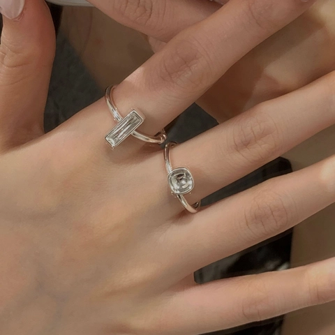 Minimalist S925 Sterling Silver Geometric Square Open Ring For Women Adjustable Rhinestone Finger Ring Simple Jewelry Gift