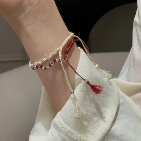 S925 Sterlingsilber Handgewebtes Rotes Schwarzes Weißes Seilarmband Für Damen Minimalistische Geometrische Silberperlen Verstellbarer Schmuck Geschenk