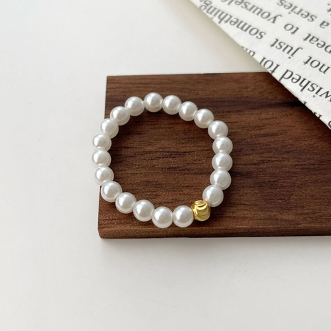 S925 Sterling Silver Artificial Pearl Elastic Ring For Women Minimalist Carved Gold Bead Stretch Finger Ring Jewelry Gift