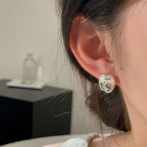 Orecchini a Bottone Lucidi Irregolari in Argento Sterling S925 per Donna Minimalista in Stile Metallo Liquido Lucidato a Specchio