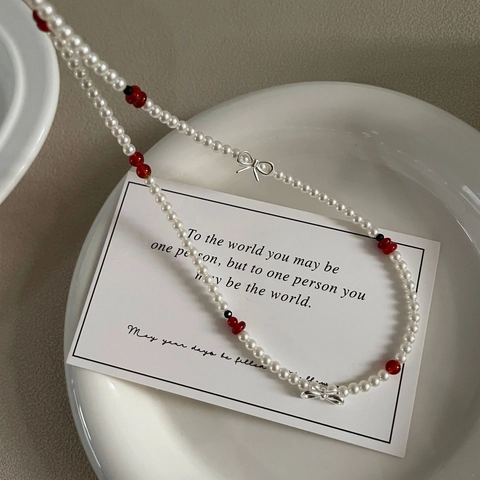 Collana di Perle Artificiali Fiocco in Argento Sterling S925 per Donna Choker Elegante con Perline Rosse Regalo Natale