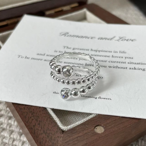 Anello Aperto in Argento Sterling S925 Con Zirconia a Bolle Vintage Elegante Minimalista Francese Regolabile per Donna