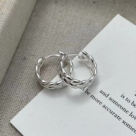 Boucles d'Oreilles Créoles en Argent Sterling S925 Épi de Blé Vintage Texture Feuille Bijoux Géométriques pour Femmes