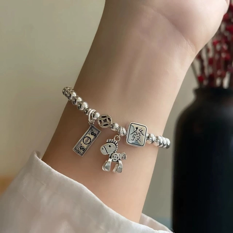 S925 Sterling Silver Beaded Charm Bracelet With Lucky Mahjong Wealth Horse And Banknote Pendants Vintage Thai Silver Jewelry
