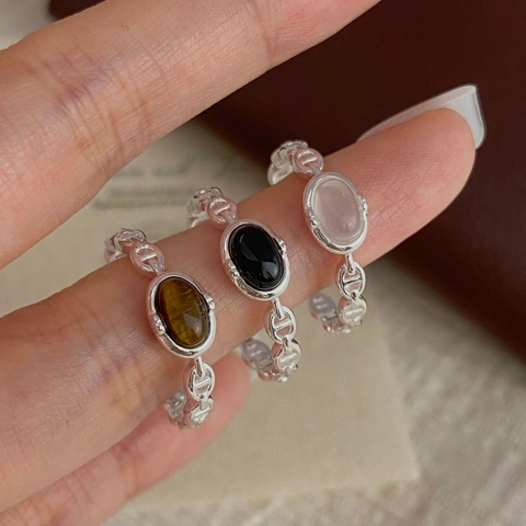 S925 Sterlingsilber Ring Verstellbar Hohl Ankerkette Öffnungsring Mit Chalcedon Achat Tigerauge Damen Vintage Schmuck