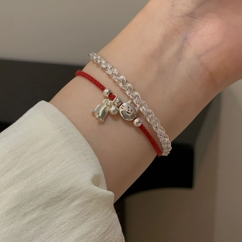 S925 Sterlingsilber Katze Fisch Rote Schnur Armband Für Damen Minimalist Handgewebt Glücksarmband Neujahr Schmuck Geschenk