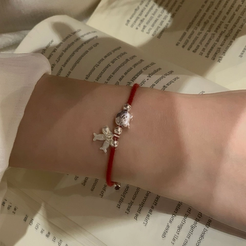 S925 Sterlingsilber Katze Fisch Rote Schnur Armband Für Damen Minimalist Handgewebt Glücksarmband Neujahr Schmuck Geschenk