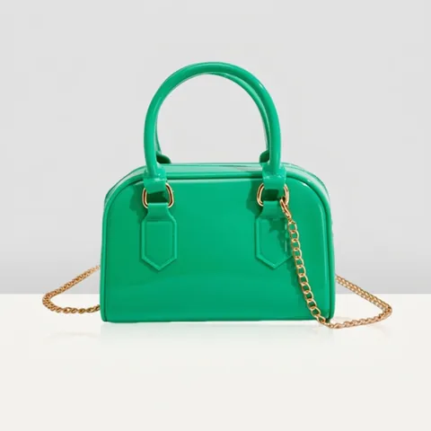 Bolso Jelly de PVC para Mujer a la Moda Bolso de Mano Boston Pequeño Bolso Bandolera Brillante con Cadena de Oro para Fiesta