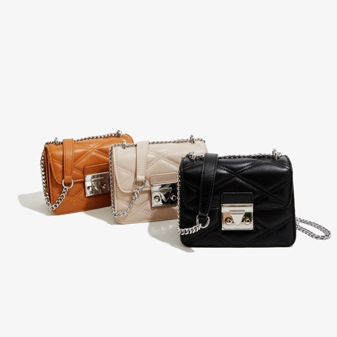 Fashion Women Diamond Quilted Small Square Bag PU Leather Chain Shoulder Crossbody Bag With Metal Lock Casual Satchel