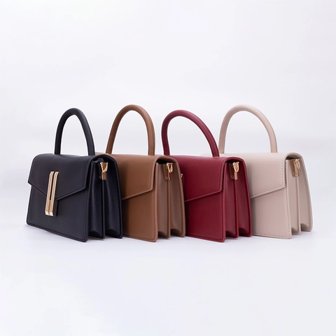 Women PU Leather Small Square Handbag With Gold Lock Adjustable Shoulder Strap Minimalist Crossbody Top Handle Bag