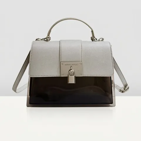 Damen Saffiano PU-Leder und Transparentes PVC Patchwork Handtasche Modern Minimalistisch Kontrast Umhängetasche Mit Metallschloss
