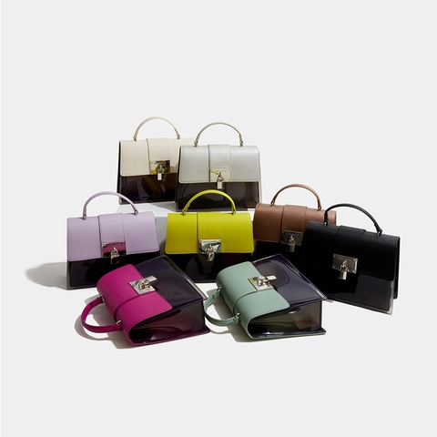 Damen Saffiano PU-Leder und Transparentes PVC Patchwork Handtasche Modern Minimalistisch Kontrast Umhängetasche Mit Metallschloss