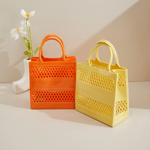 Women PVC Hollow Out Jelly Bag Fashion Vintage Mesh Tote Bag Waterproof Beach Handbag Summer Basket Purse Open Top Shopping Bag