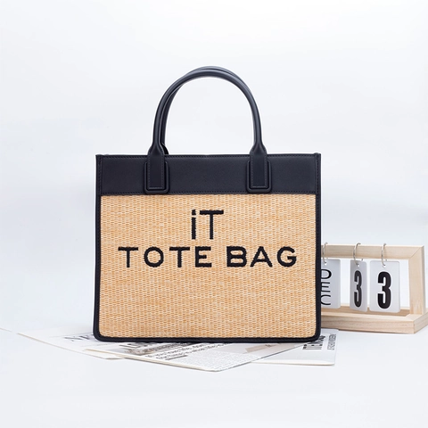 Damen Strohgeflecht PU-Leder Splicing Tragetasche Große Kapazität Umhängetasche Für Sommer Strand Alltag Casual Retro Tasche