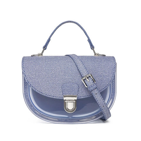 Bolso de Silla para Mujer Semitransparente PVC Denim Patchwork Elegante Bolso de Hombro Cruzado Con Cierre de Metal Bolso de Mano