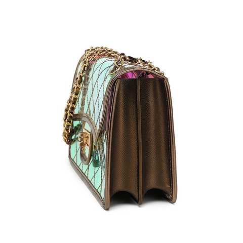 Borsa a Tracolla da Donna alla Moda in PVC Olografico Trapuntata a Rombi con Catena Borsa a Tracolla Jelly Trasparente