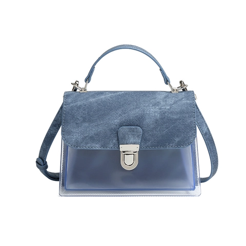 Bolso de Mano de Moda para Mujer Patchwork PVC Textura Denim Bolso Transparente Jelly Con Hebilla de Metal Bandolera Mujer