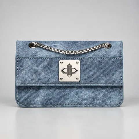 Women Retro Denim Quilted Crossbody Bag Fashion Mini Square Shoulder Bag With Silver Metal Chain And Twist Lock Flap Bag