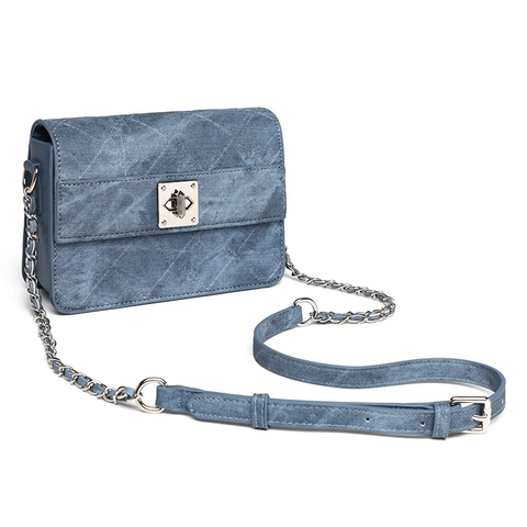 Damen Gesteppte Denim Schultertasche Westlicher Vintage Umhängetasche Metallkette Quadratische Klappentasche Mit Silbernem Verschluss
