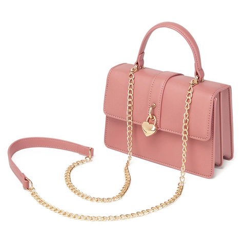 Bolso de Mano de Cuero PU de Moda Cierre de Corazón Cadena Bandolera Vintage Elegante Asa Superior Mujer Diario