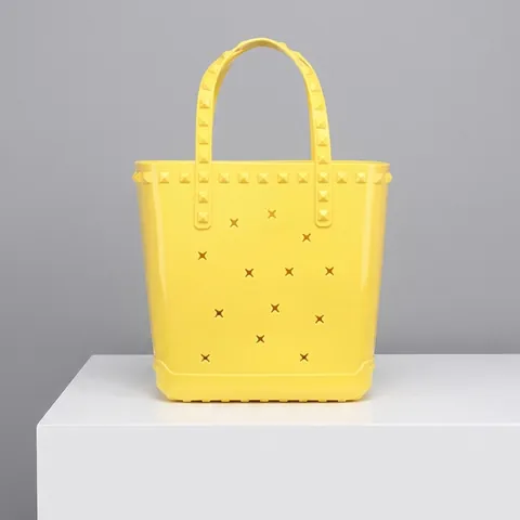 Borsa a Mano da Donna in PVC Jelly con Design Traforato a Stella e Borchie Borsa da Spiaggia Grande Capacità Borsa da Shopping Casual