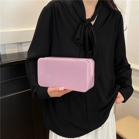 Women Dopamine Transparent Waterproof Glitter Cosmetic Bag PVC Shiny Clutch Handbag Travel Toiletry Makeup Organizer Bag