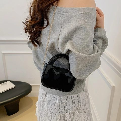 Women Glossy PVC Mini Handbag With Gold Chain Strap Solid Color Round Handle Crossbody Evening Bag For Party Banquet