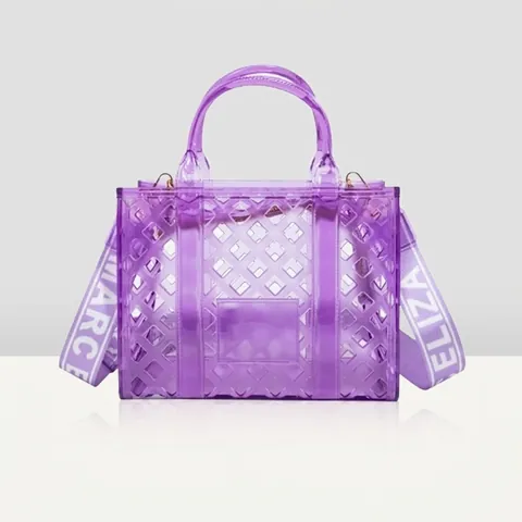 Borsa a Mano da Donna in PVC Gelatina con Intagli e Stampa di Lettere Tracolla Larga Trasparente a Griglia di Diamante Borsa a Secchiello