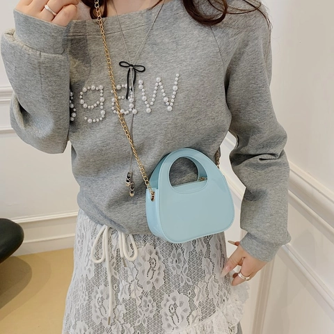 Women Glossy PVC Mini Handbag With Gold Chain Strap Solid Color Round Handle Crossbody Evening Bag For Party Banquet