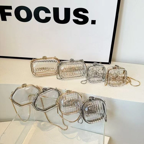 Women Transparent Acrylic Evening Bag Mini Metal Frame Box Clutch Party Shoulder Crossbody Bag Gold Silver Chain Handbag