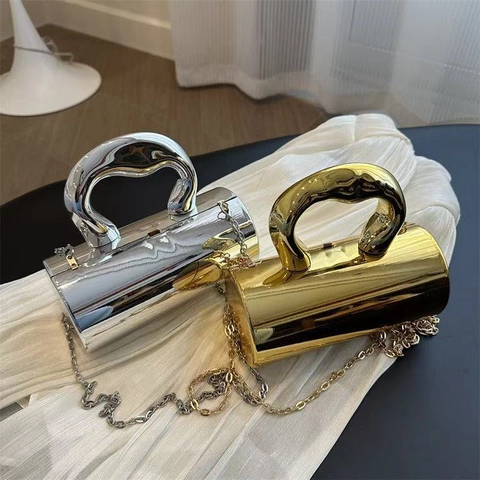 Moderna Borsa a Cilindro in Specchio Metallico Borsa a Mano in Acrilico Galvanizzato Con Manico Scultoreo e Tracolla a Catena Mini Pochette da Sera per Donna Festa Accessorio Moda
