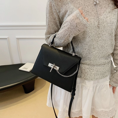 Women's Saffiano PVC Trapezoid Crossbody Bag With Metal Chain Lock Buckle Retro Commuter Top Handle Shoulder Handbag
