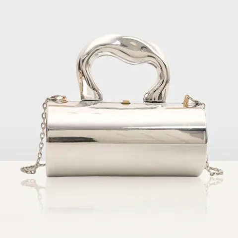 Moderna Borsa a Cilindro in Specchio Metallico Borsa a Mano in Acrilico Galvanizzato Con Manico Scultoreo e Tracolla a Catena Mini Pochette da Sera per Donna Festa Accessorio Moda