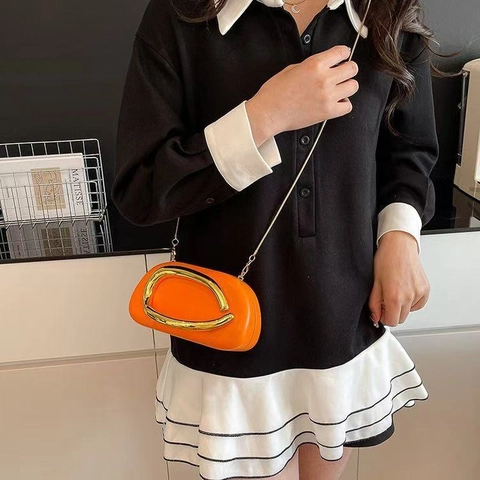 Vintage PU Leather Clutch Crossbody Bag Elegant Metal Ring Handle Detachable Chain Strap Party Evening Banquet Women Bag