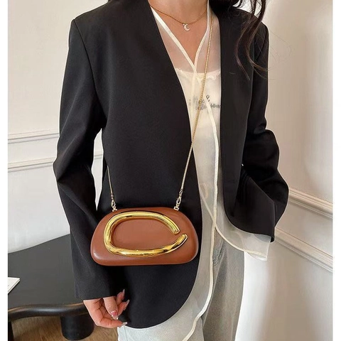Vintage PU Leather Clutch Crossbody Bag Elegant Metal Ring Handle Detachable Chain Strap Party Evening Banquet Women Bag