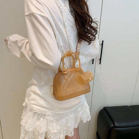 Women Fashion Transparent PVC Jelly Bag Wide Letter Print Strap Shell Shape Crossbody Bag Casual Daily Waterproof Satchel
