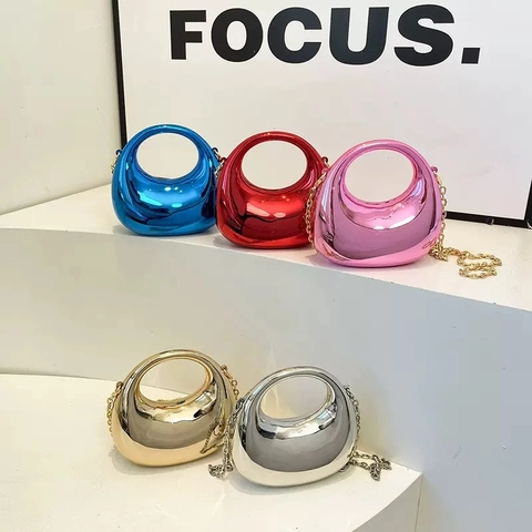 Metallic Mirror Acrylic Evening Bag Women Niche Circular Hollow Handle Drop Shaped Handbag With Chain Strap Party Wedding Purse