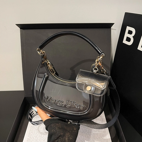 Marc Eliza Transparent Jelly Crescent Bag Women PVC Clear Hobo Bag With Wide Letter Strap And Mini Purse Crossbody Bag