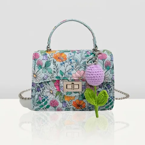 Women Floral Strawberry Pattern Handbag PVC Print Quilted Crossbody Bag With Crochet Charm Small Square Shoulder Bag