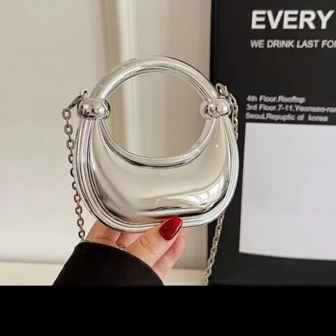 Mini Sac à Main en Acrylique Finition Miroir Mode Pochette de Soirée Croissant Avec Bandoulière Chaîne pour Femmes Fête Banquet