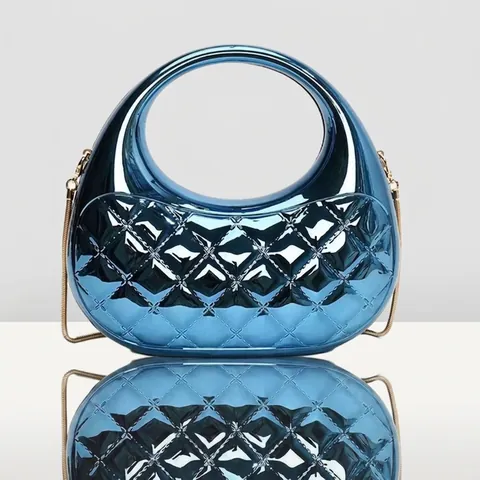 Metallic Acrylic Evening Bag For Women Quilted Lattice Mini Handbag Round Handle Chain Shoulder Bag Banquet Party Clutch