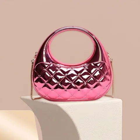 Mini Borsa a Tracolla Trapuntata Metallica in Acrilico Con Manico Circolare Borsa Tote Piccola Borsa a Mano per Serata Donna Oro Argento