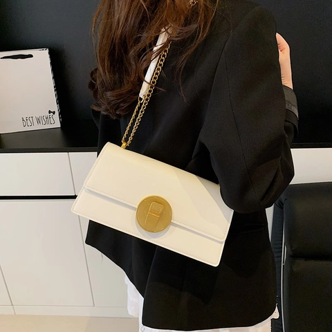 Vintage PVC Leather Flap Crossbody Bag For Women Retro Solid Color Square Shoulder Bag With Metal Lock Chain Strap Daily Use Bag