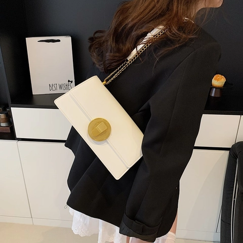 Vintage PVC Leather Flap Crossbody Bag For Women Retro Solid Color Square Shoulder Bag With Metal Lock Chain Strap Daily Use Bag
