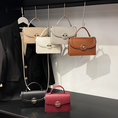 Vintage Lychee Pattern PU Leather Handbag For Women Minimalist Crossbody Bag With Round Golden Lock Fashion Square Bag