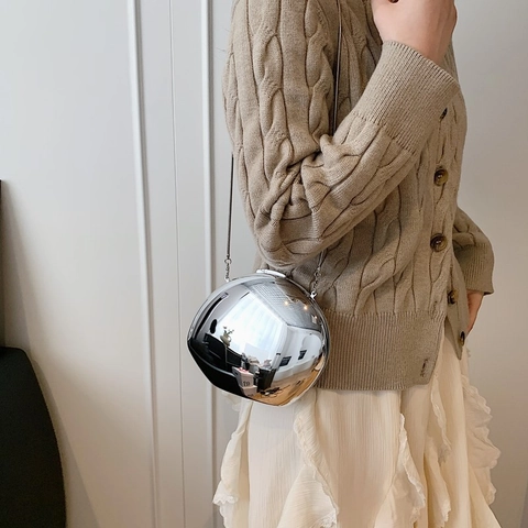 Borsa da Sera in Acrilico a Specchio da Donna Forma di Uovo Metallico Tracolla alla Moda con Catena per Festa Matrimonio Banchetto
