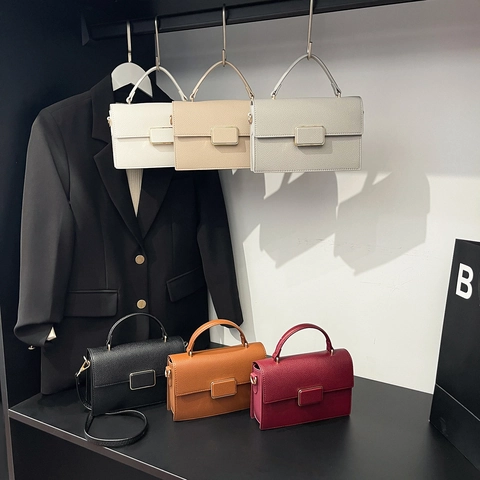 Women Minimalist PU Leather Litchi Texture Crossbody Bag Fashion Metal Lock Small Square Bag Handbag With Adjustable Strap