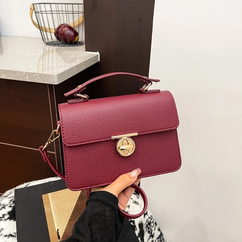 Vintage Lychee Pattern PU Leather Small Square Bag For Women Luxury Solid Color Handbag With Metal Lock Elegant Crossbody Shoulder Bag