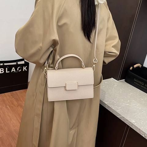 Women Minimalist PU Leather Litchi Texture Crossbody Bag Fashion Metal Lock Small Square Bag Handbag With Adjustable Strap