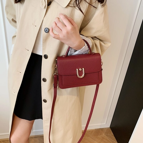 PU Leather Litchi Pattern Small Square Bag With Gold U-Shaped Buckle Minimalist Women Crossbody Handbag For Daily Commute